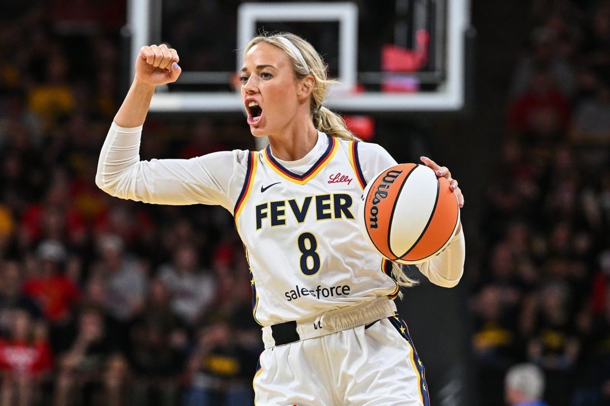May 4, 2025; Iowa City, IA, USA; Indiana Fever guard Sophie Cunningham (8) reacts during the third quarter against the Brazil National Team at Carver-Haweye Arena. Mandatory Credit: Jeffrey Becker-Imagn Images