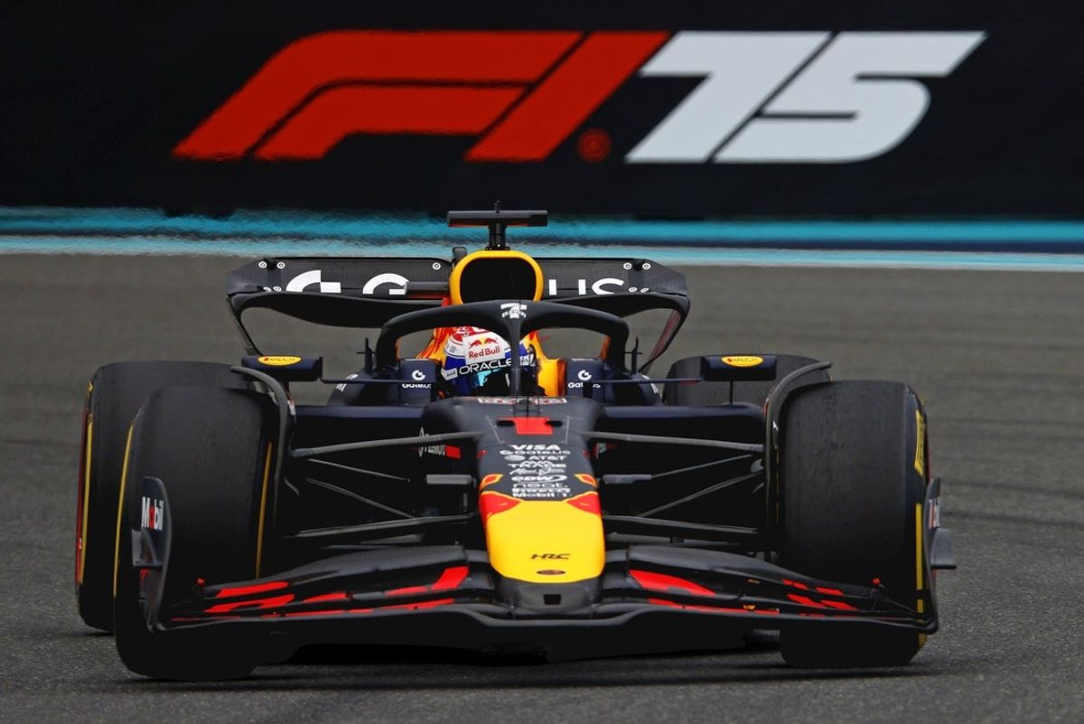 May 4, 2025; Miami Gardens, FL, USA;  Red Bull driver Max Verstappen (1) during the F1 Miami Grand Prix at Miami International Autodrome. Mandatory Credit: Peter Casey-Imagn Images