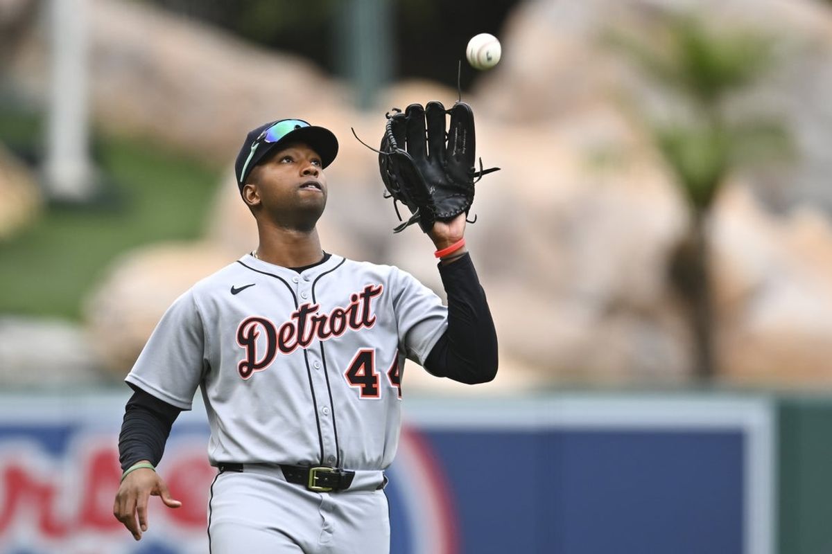 May 4, 2025; Anaheim, California, USA; Detroit Tigers outfielder Justyn-Henry Malloy (44) makes a catch against the Los Angeles Angels during the eighth inning at Angel Stadium. Mandatory Credit: Jonathan Hui-Imagn Images