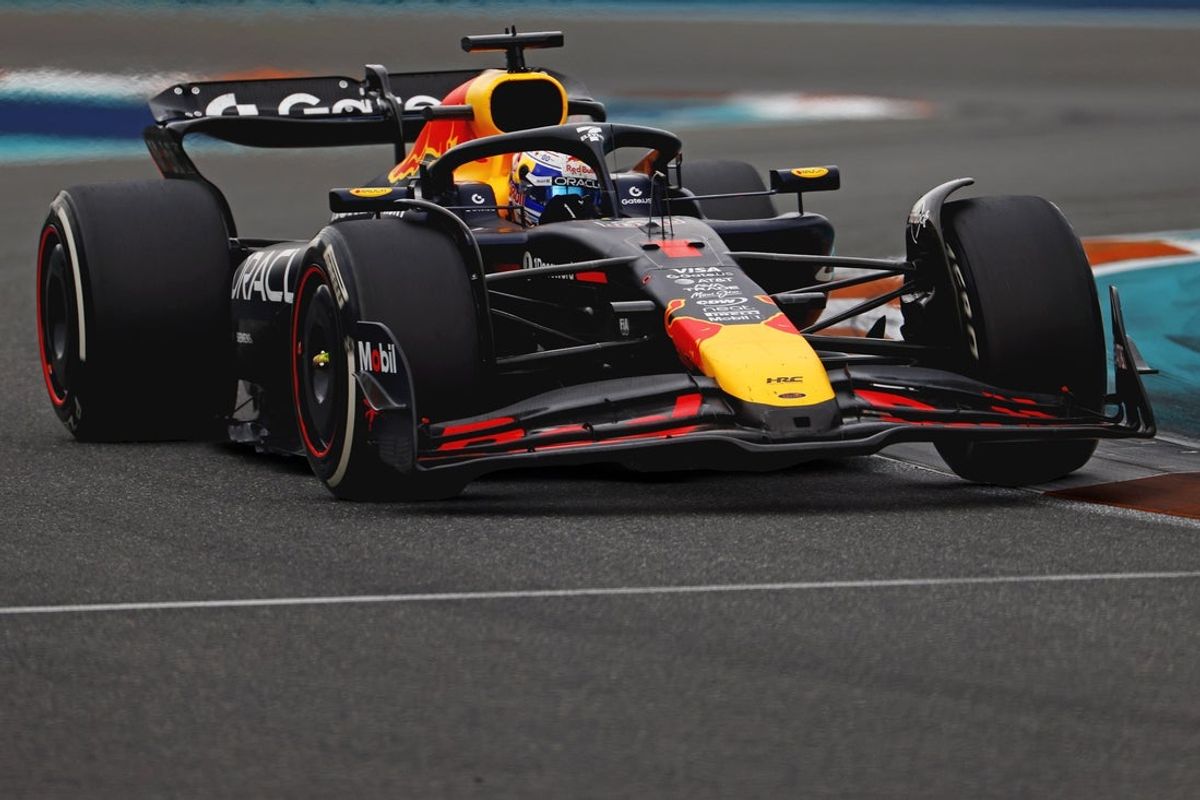 May 4, 2025; Miami Gardens, FL, USA;  Red Bull driver Max Verstappen (1) during the F1 Miami Grand Prix at Miami International Autodrome. Mandatory Credit: Peter Casey-Imagn Images
