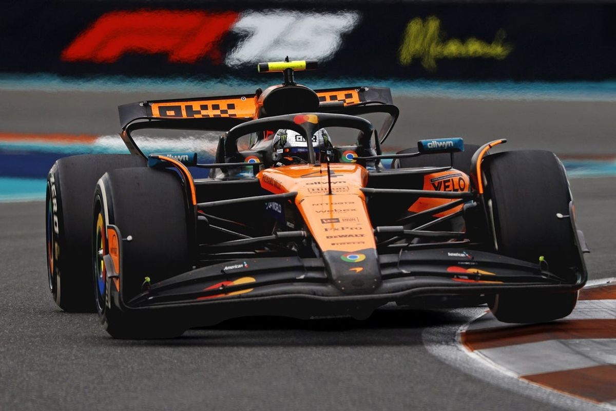 May 4, 2025; Miami Gardens, FL, USA;  McLaren driver Lando Norris (4) during the F1 Miami Grand Prix at Miami International Autodrome. Mandatory Credit: Peter Casey-Imagn Images