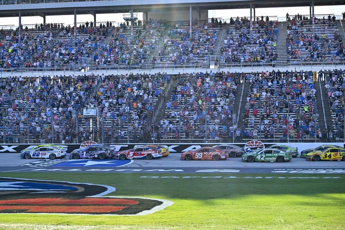 May 4, 2025; Fort Worth, Texas, USA; A view of the field of cars at the start of overtime during the Wurth 400 race at Texas Motor Speedway. Mandatory Credit: Jerome Miron-Imagn Images