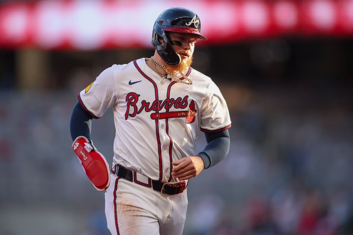 May 4, 2025; Atlanta, Georgia, USA; Atlanta Braves left fielder Alex Verdugo (8) rounds third after a home run by third baseman Austin Riley (not pictured) against the Los Angeles Dodgers in the first inning at Truist Park. Mandatory Credit: Brett Davis-Imagn Images