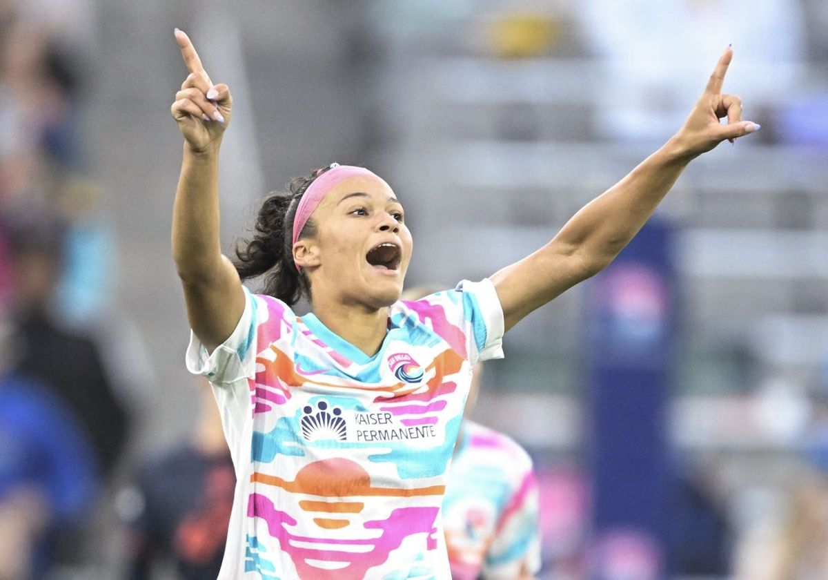May 4, 2025; San Diego, California, USA; San Diego Wave FC defender Trinity Armstrong (3) celebrates after scoring her goal during the second half against Bay FC at Snapdragon Stadium. Mandatory Credit: Denis Poroy-Imagn Images