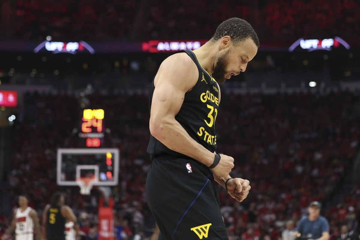 May 4, 2025; Houston, Texas, USA; Golden State Warriors guard Stephen Curry (30) reacts after a play during game seven of the first round for the 2025 NBA Playoffs against the Houston Rockets at Toyota Center. Mandatory Credit: Troy Taormina-Imagn Images
