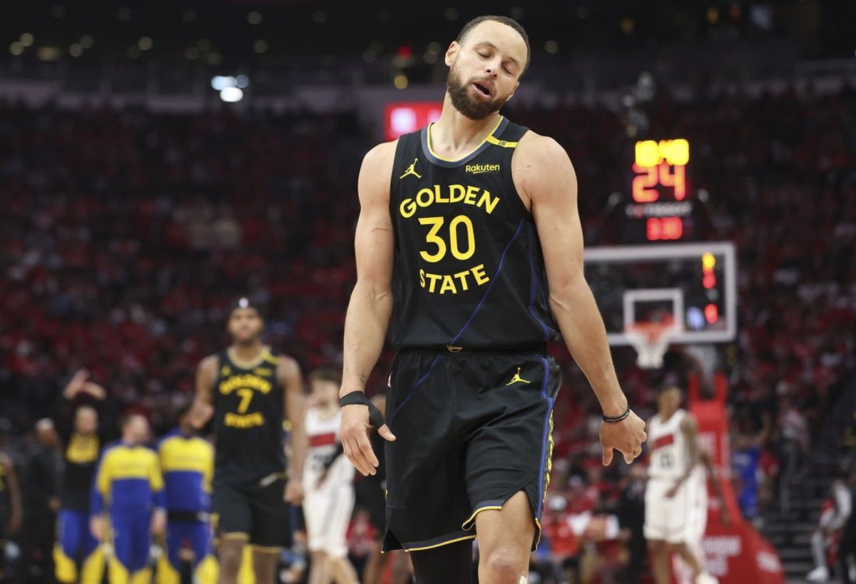 May 4, 2025; Houston, Texas, USA; Golden State Warriors guard Stephen Curry (30) reacts during game seven of the first round for the 2025 NBA Playoffs against the Houston Rockets at Toyota Center. Mandatory Credit: Troy Taormina-Imagn Images