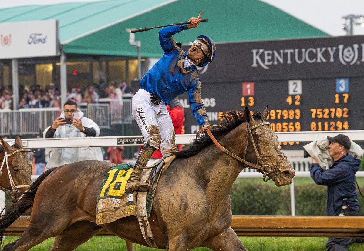 Jockey Junior Alvarado celebrated after riding Sovereignty to victory in the 151st Kentucky Derby at Churchill Downs in Louisville, Kentucky. May 3, 2025