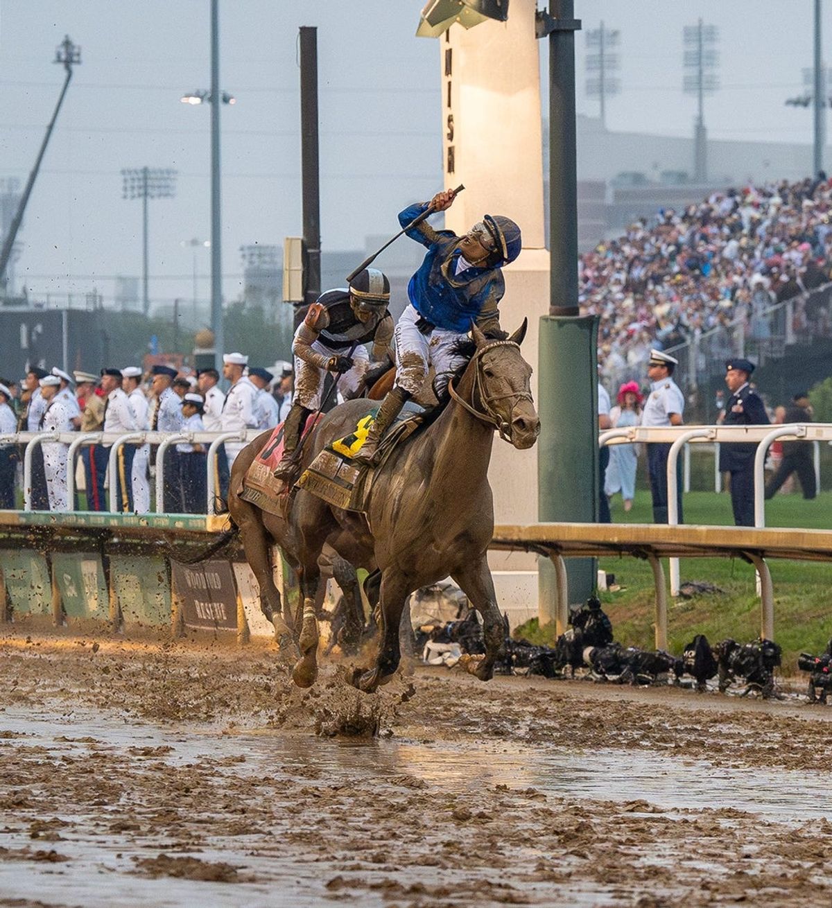 Jockey Junior Alvarado celebrated after riding Sovereignty to victory in the 151st Kentucky Derby at Churchill Downs in Louisville, Kentucky. May 3, 2025
