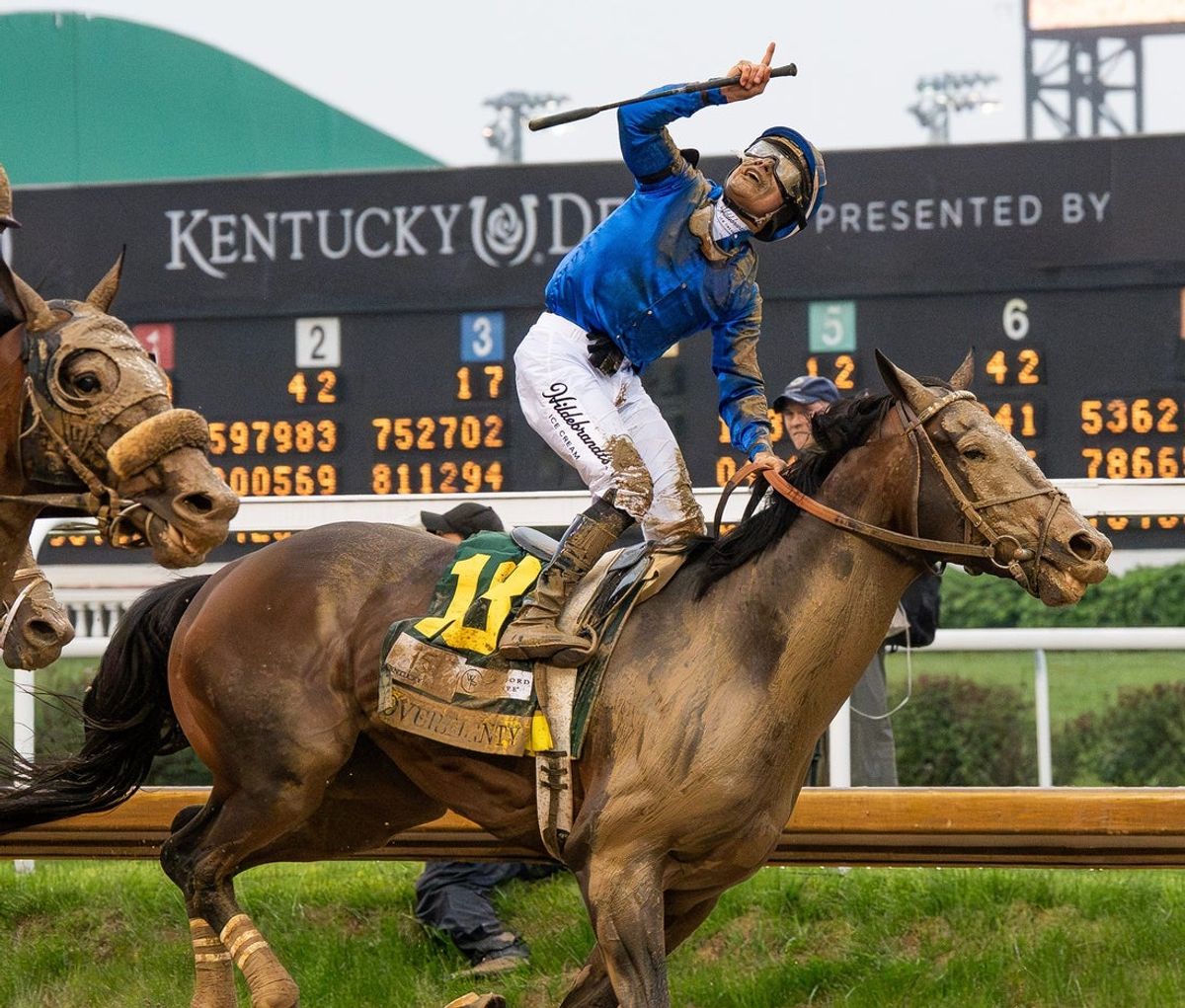 Jockey Junior Alvarado celebrated after riding Sovereignty to victory in the 151st Kentucky Derby at Churchill Downs in Louisville, Kentucky. May 3, 2025