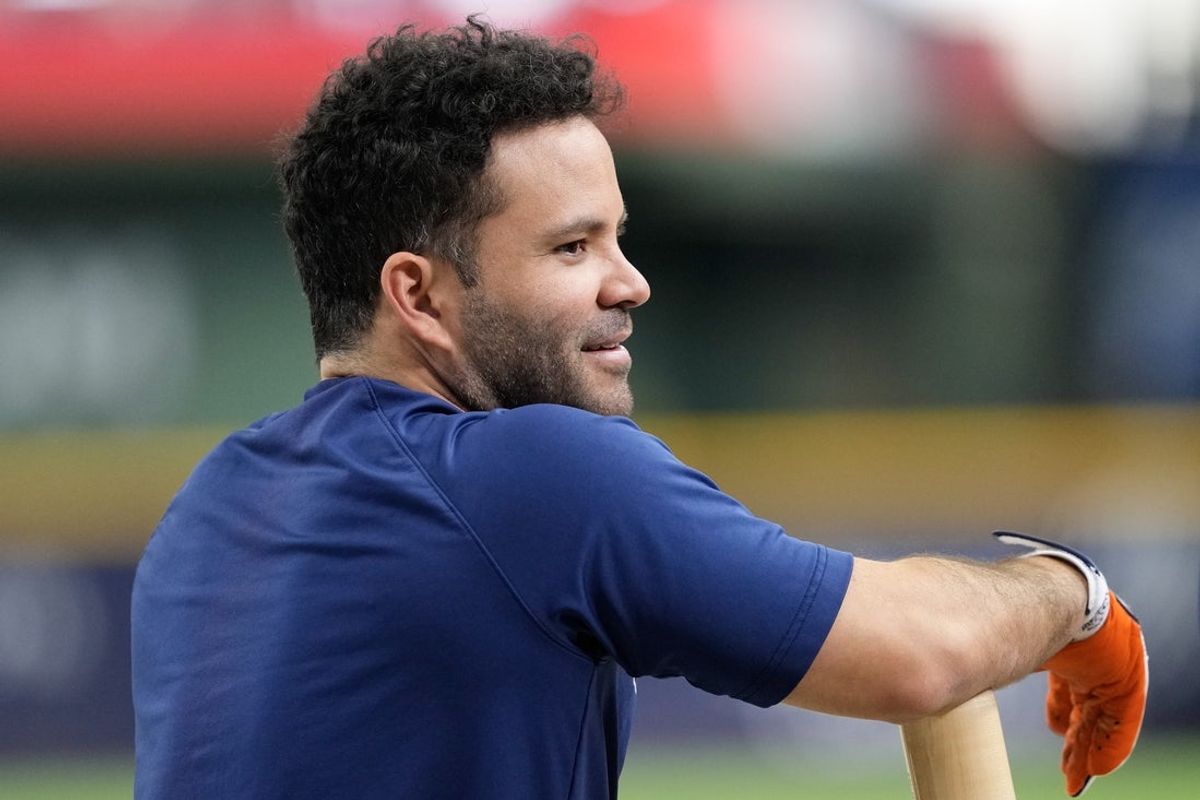 May 5, 2025; Milwaukee, Wisconsin, USA;  Houston Astros designated hitter Jose Altuve (27) looks on during batting practice prior to the game against the Milwaukee Brewers at American Family Field. Mandatory Credit: Jeff Hanisch-Imagn Images
