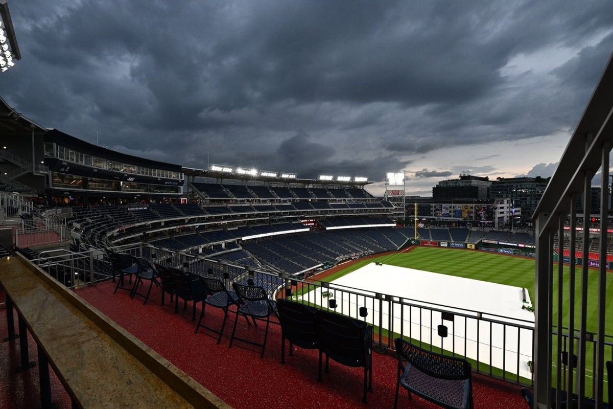 May 5, 2025; Washington, District of Columbia, USA;  A general view of Nationals Park during a weather delay before a game between the Washington Nationals and Cleveland Guardians. Mandatory Credit: James A. Pittman-Imagn Images
