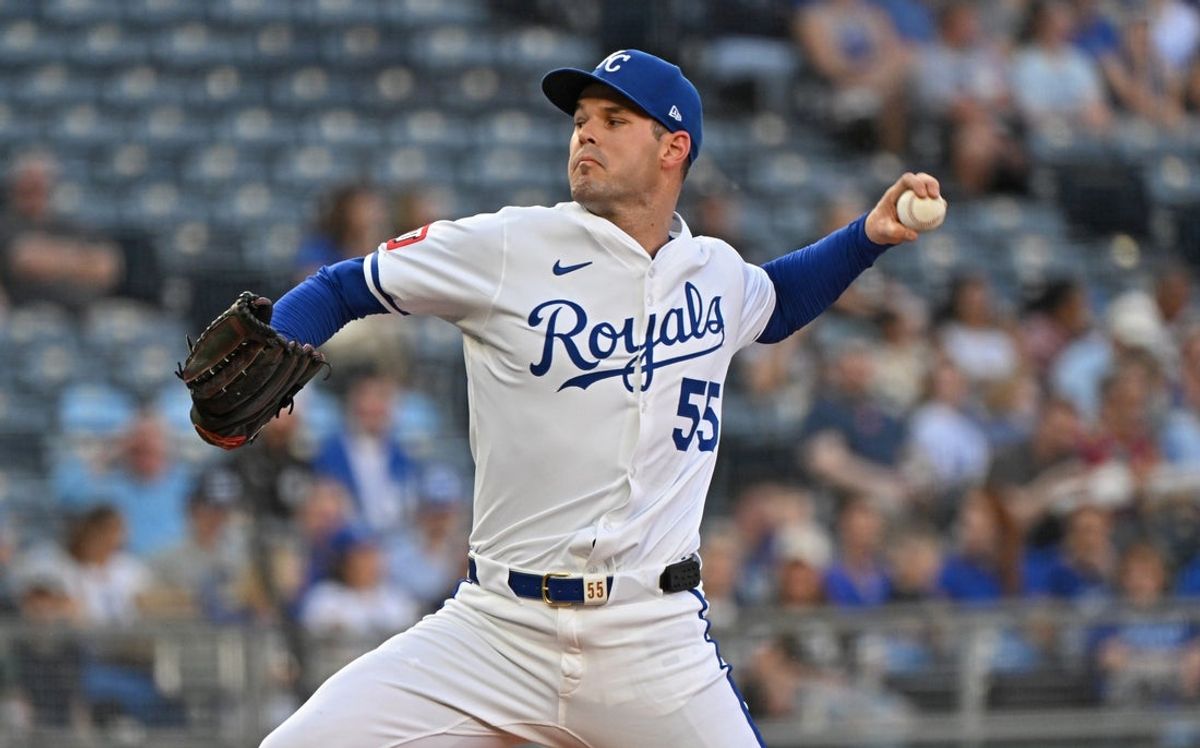 May 5, 2025; Kansas City, Missouri, USA;  Kansas City Royals pitcher Cole Ragans (55) throws in the first inning against the Chicago White Sox at Kauffman Stadium. Mandatory Credit: Peter Aiken-Imagn Images