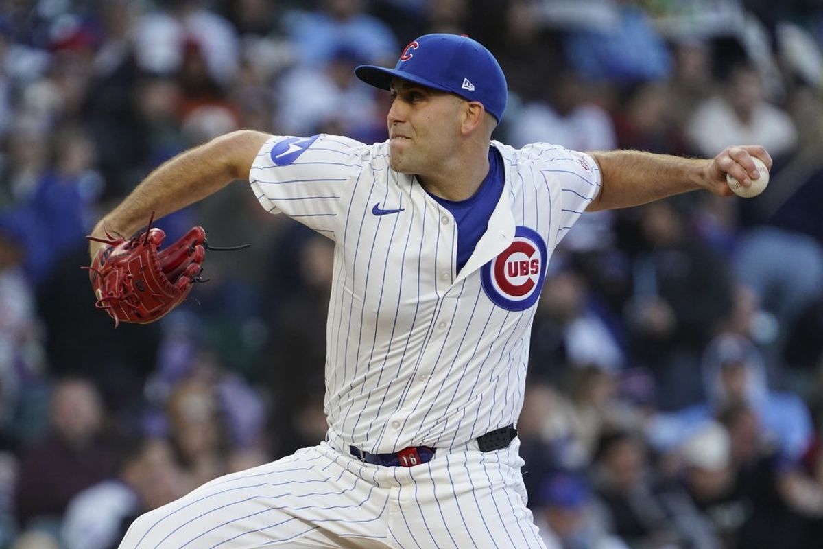 May 5, 2025; Chicago, Illinois, USA; Chicago Cubs pitcher Matthew Boyd (16) throws against the San Francisco Giants during the first inning at Wrigley Field. Mandatory Credit: David Banks-Imagn Images