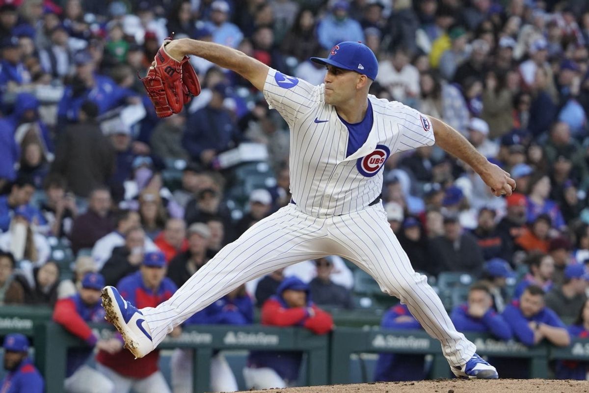 May 5, 2025; Chicago, Illinois, USA; Chicago Cubs pitcher Matthew Boyd (16) throws against the San Francisco Giants during the first inning at Wrigley Field. Mandatory Credit: David Banks-Imagn Images