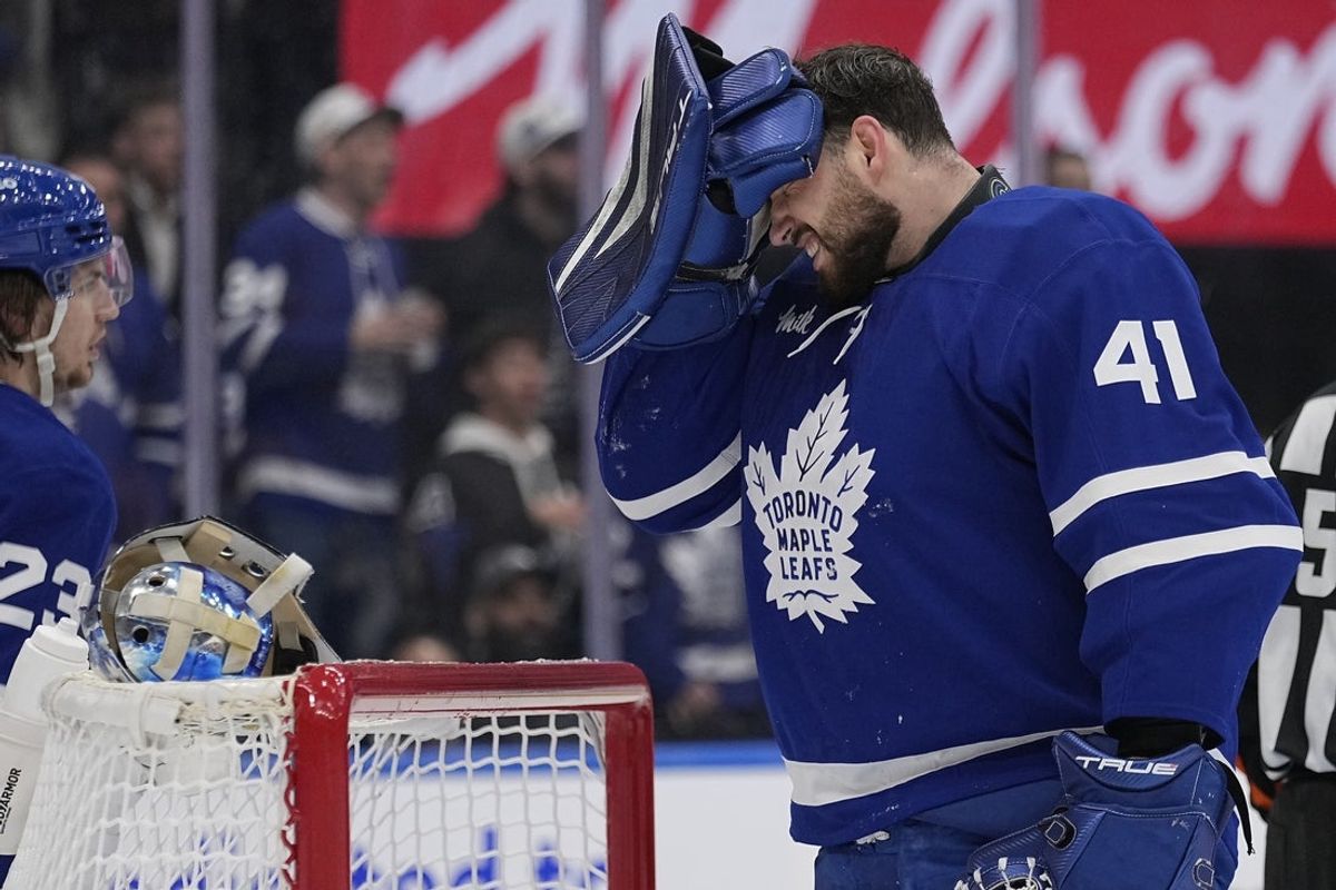 May 5, 2025; Toronto, Ontario, CAN; Toronto Maple Leafs goaltender Anthony Stolarz (41) grimaces after a collission with Florida Panthers forward Sam Bennett (not pictured) during the second period of the second round of the 2025 Stanley Cup Playoffs at Scotiabank Arena. Mandatory Credit: John E. Sokolowski-Imagn Images