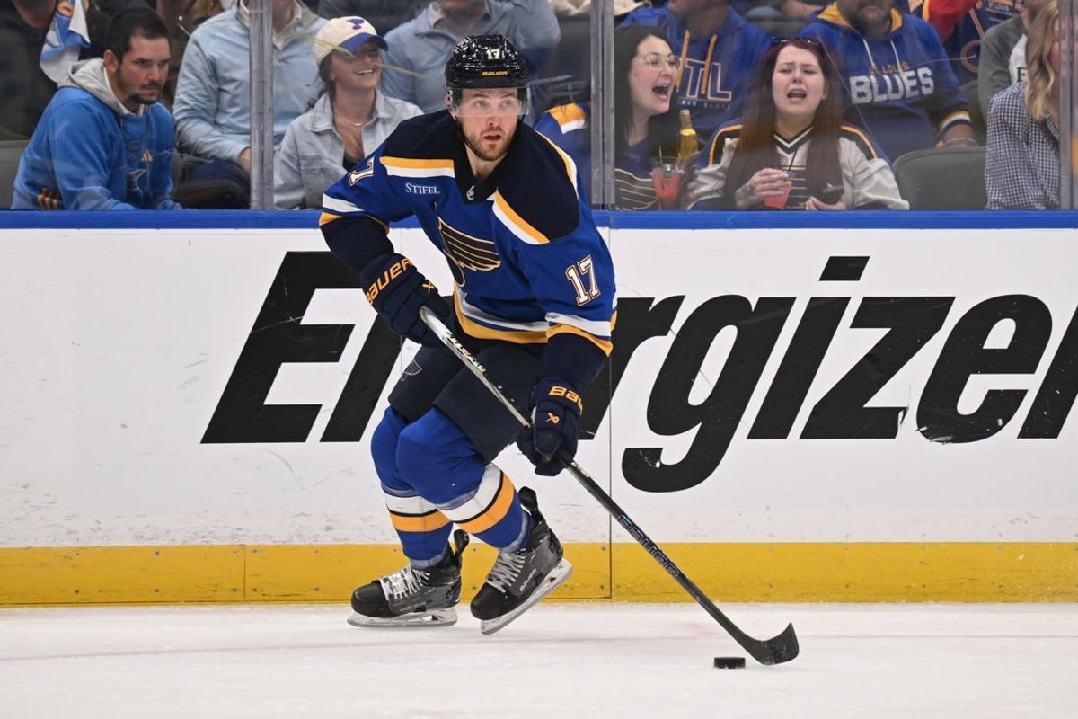 May 2, 2025; St. Louis, Missouri, USA; St. Louis Blues defenseman Cam Fowler (17) in action during the third period in game six of the first round of the 2025 Stanley Cup Playoffs against the Winnipeg Jets at Enterprise Center. Mandatory Credit: Connor Hamilton-Imagn Images