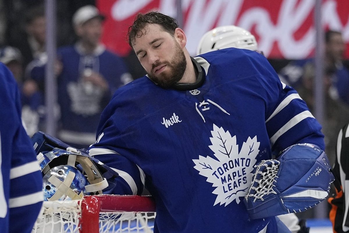May 5, 2025; Toronto, Ontario, CAN; Toronto Maple Leafs goaltender Anthony Stolarz (41) reacts after being hit by Florida Panthers forward Sam Bennett (not pictured) during the second period of the second round of the 2025 Stanley Cup Playoffs at Scotiabank Arena. Mandatory Credit: John E. Sokolowski-Imagn Images
