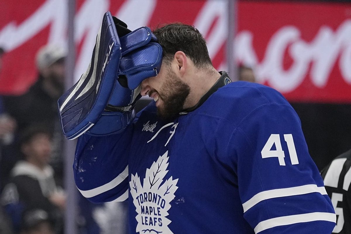 May 5, 2025; Toronto, Ontario, CAN; Toronto Maple Leafs goaltender Anthony Stolarz (41) reacts after a collision with Florida Panthers forward Sam Bennett (not pictured) during the second period in game one of the second round of the 2025 Stanley Cup Playoffs at Scotiabank Arena. Mandatory Credit: John E. Sokolowski-Imagn Images