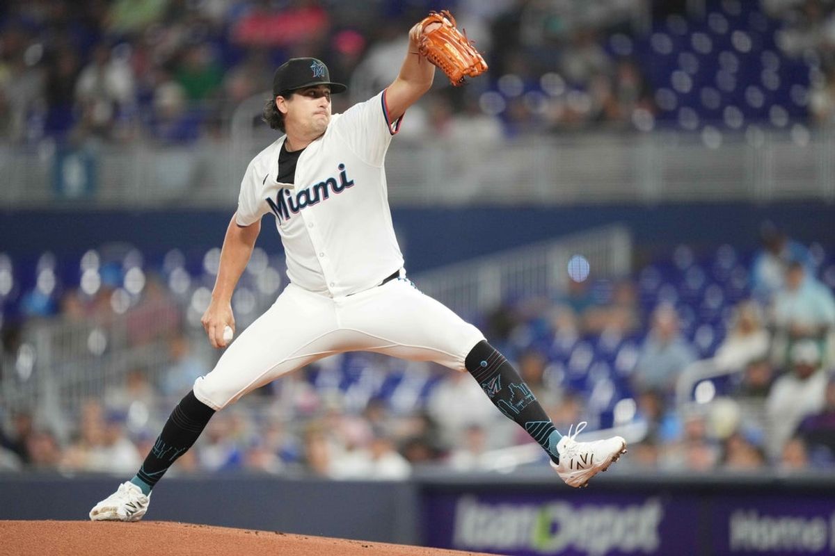 May 6, 2025; Miami, Florida, USA;  Miami Marlins pitcher Cal Quantrill (47) pitches in the first inning against the Los Angeles Dodgers at loanDepot Park. Mandatory Credit: Jim Rassol-Imagn Images