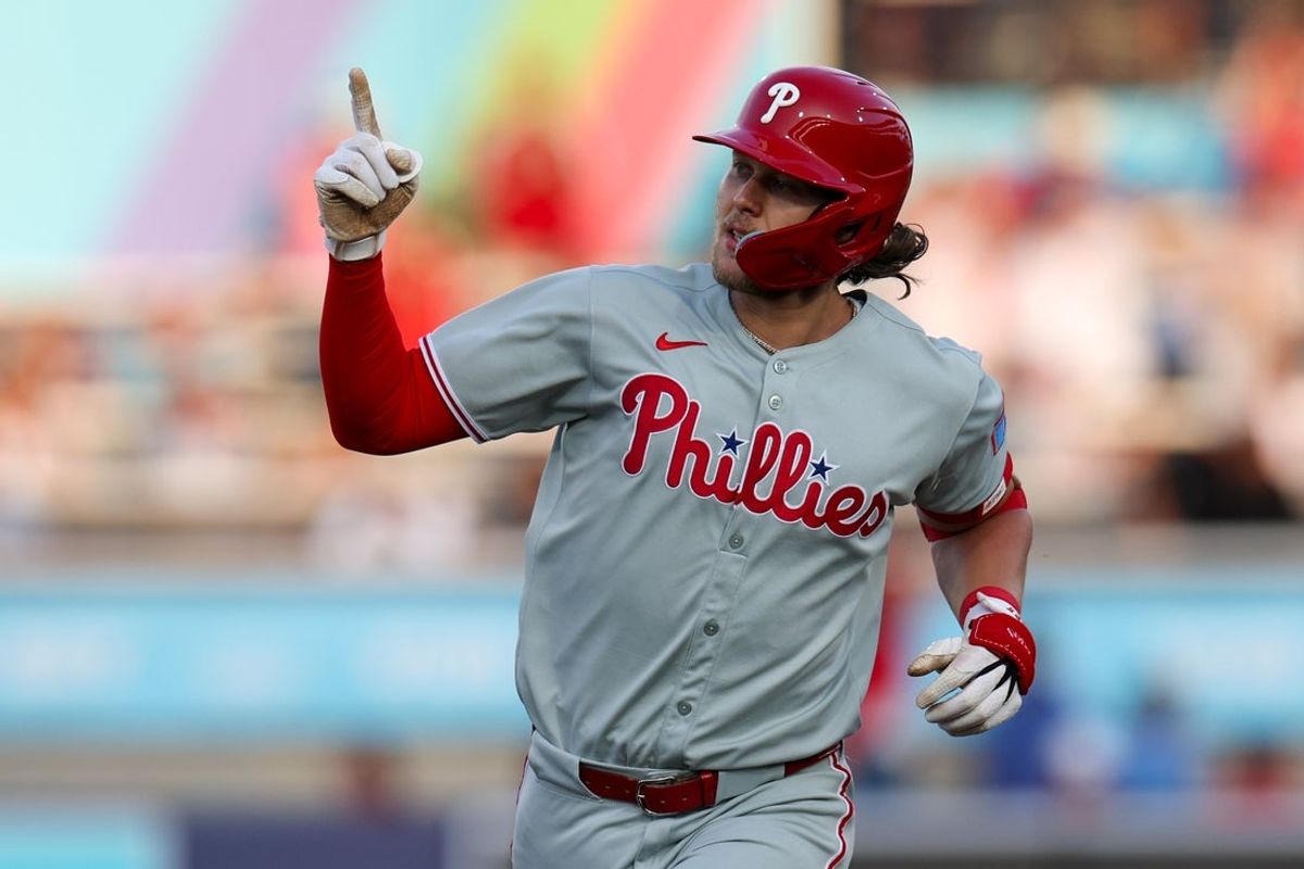 May 6, 2025; Tampa, Florida, USA; Philadelphia Phillies third baseman Alec Bohm (28) runs the bases after hitting a two-run home run against the Tampa Bay Rays in the second inning at George M. Steinbrenner Field. Mandatory Credit: Nathan Ray Seebeck-Imagn Images