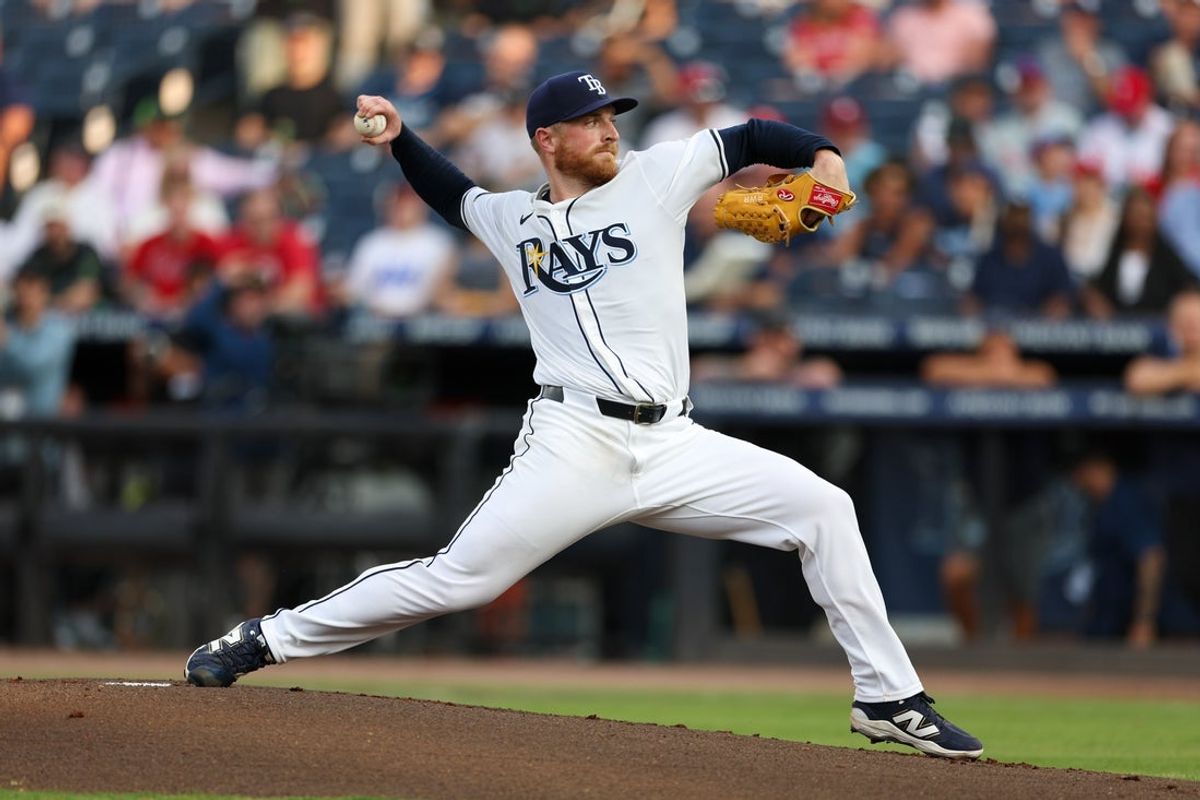 May 6, 2025; Tampa, Florida, USA; Tampa Bay Rays starting pitcher Drew Rasmussen (57) throws a pitch against the Philadelphia Phillies in the first inning at George M. Steinbrenner Field. Mandatory Credit: Nathan Ray Seebeck-Imagn Images