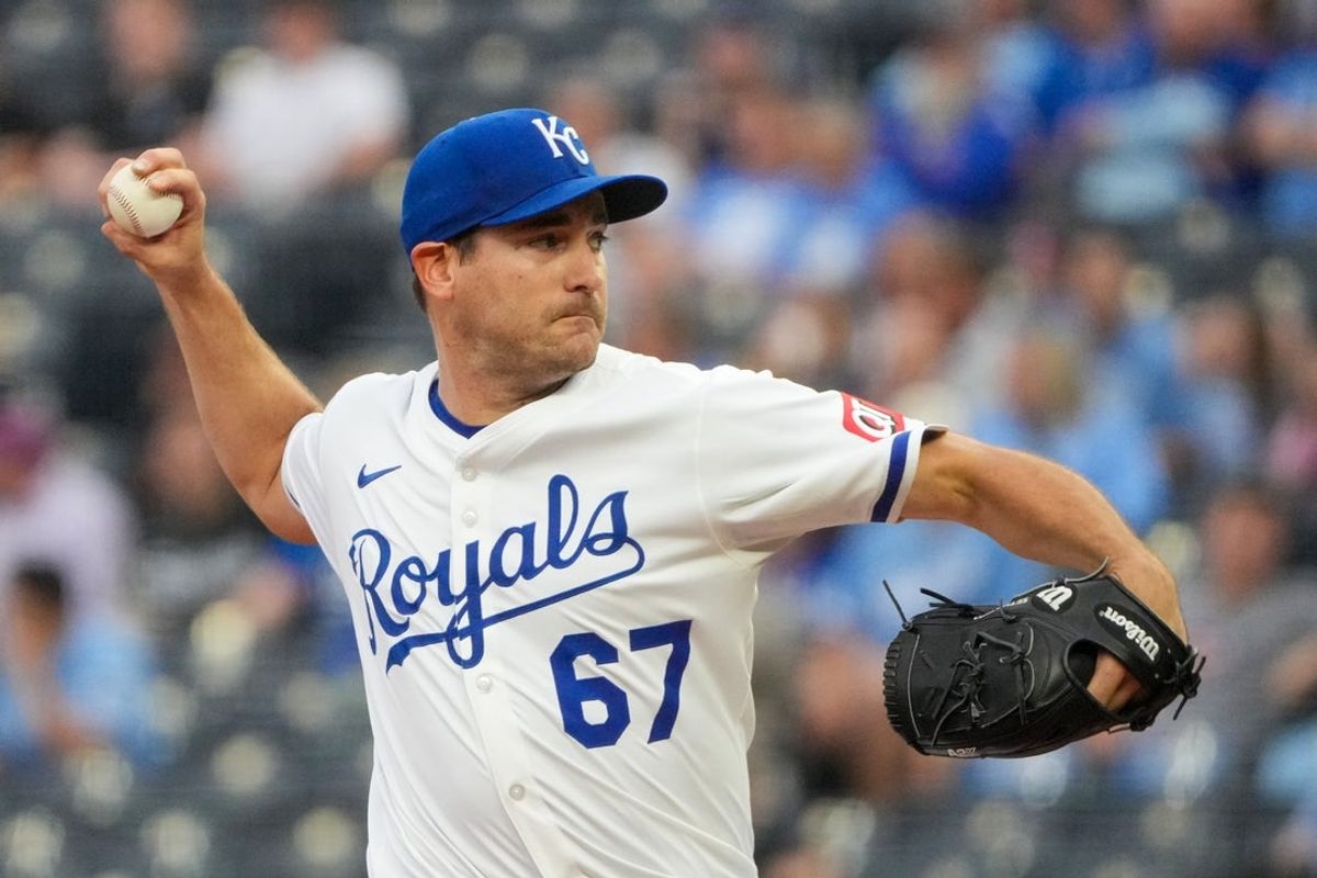 May 6, 2025; Kansas City, Missouri, USA; Kansas City Royals starting pitcher Seth Lugo (67) delivers a pitch against the Chicago White Sox in the first inning at Kauffman Stadium. Mandatory Credit: Denny Medley-Imagn Images