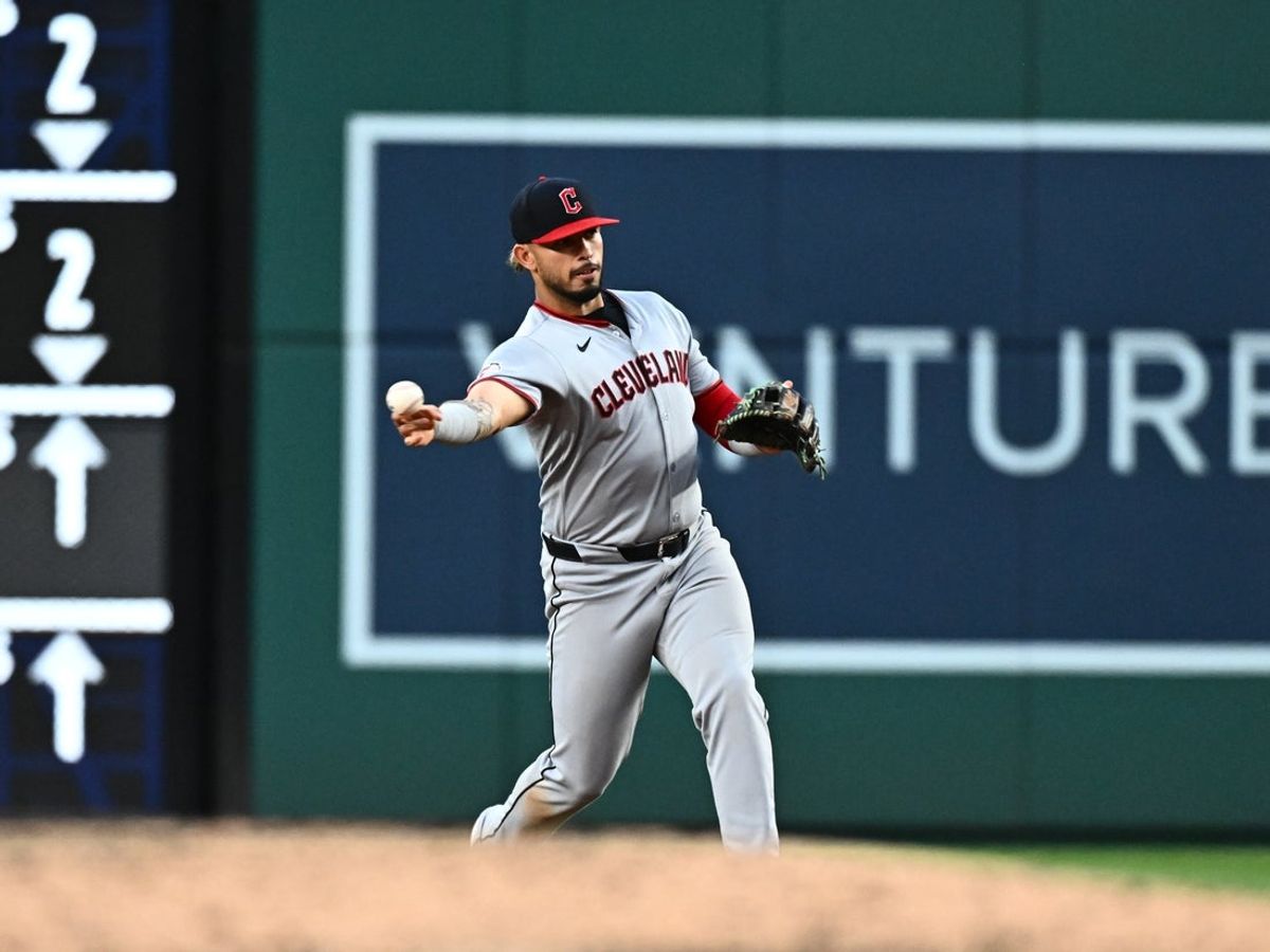 May 6, 2025; Washington, District of Columbia, USA;  Cleveland Guardians second baseman Gabriel Arias (13) throws to first base during the third inning against the Washington Nationals at Nationals Park. Mandatory Credit: James A. Pittman-Imagn Images