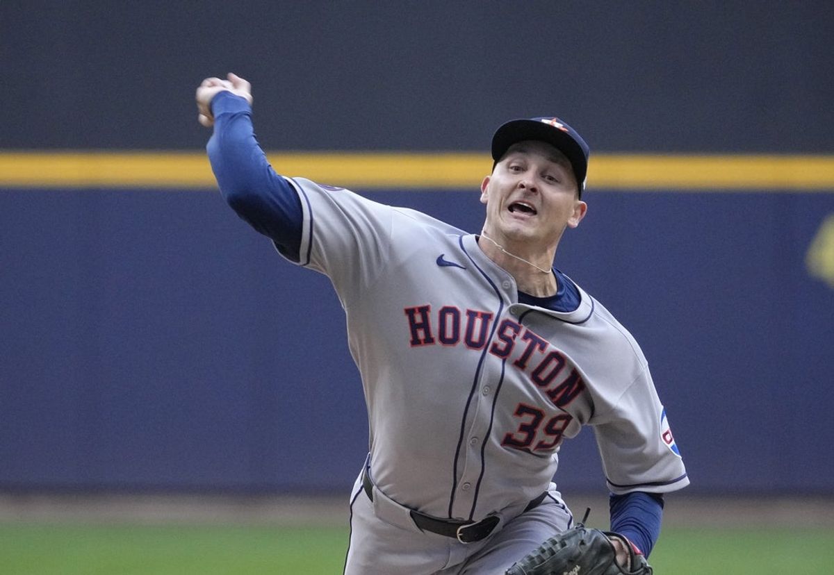 May 6, 2025; Milwaukee, Wisconsin, USA; Houston Astros pitcher Hayden Wesneski (39) delivers a pitch against the Milwaukee Brewers in the first inning at American Family Field. Mandatory Credit: Michael McLoone-Imagn Images