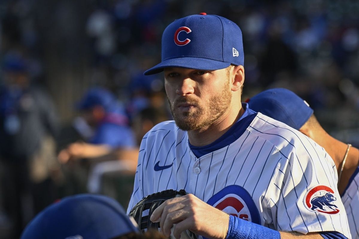 May 6, 2025; Chicago, Illinois, USA;  Chicago Cubs outfielder Ian Happ (8) before the game against the San Francisco Giants at Wrigley Field. Mandatory Credit: Matt Marton-Imagn Images