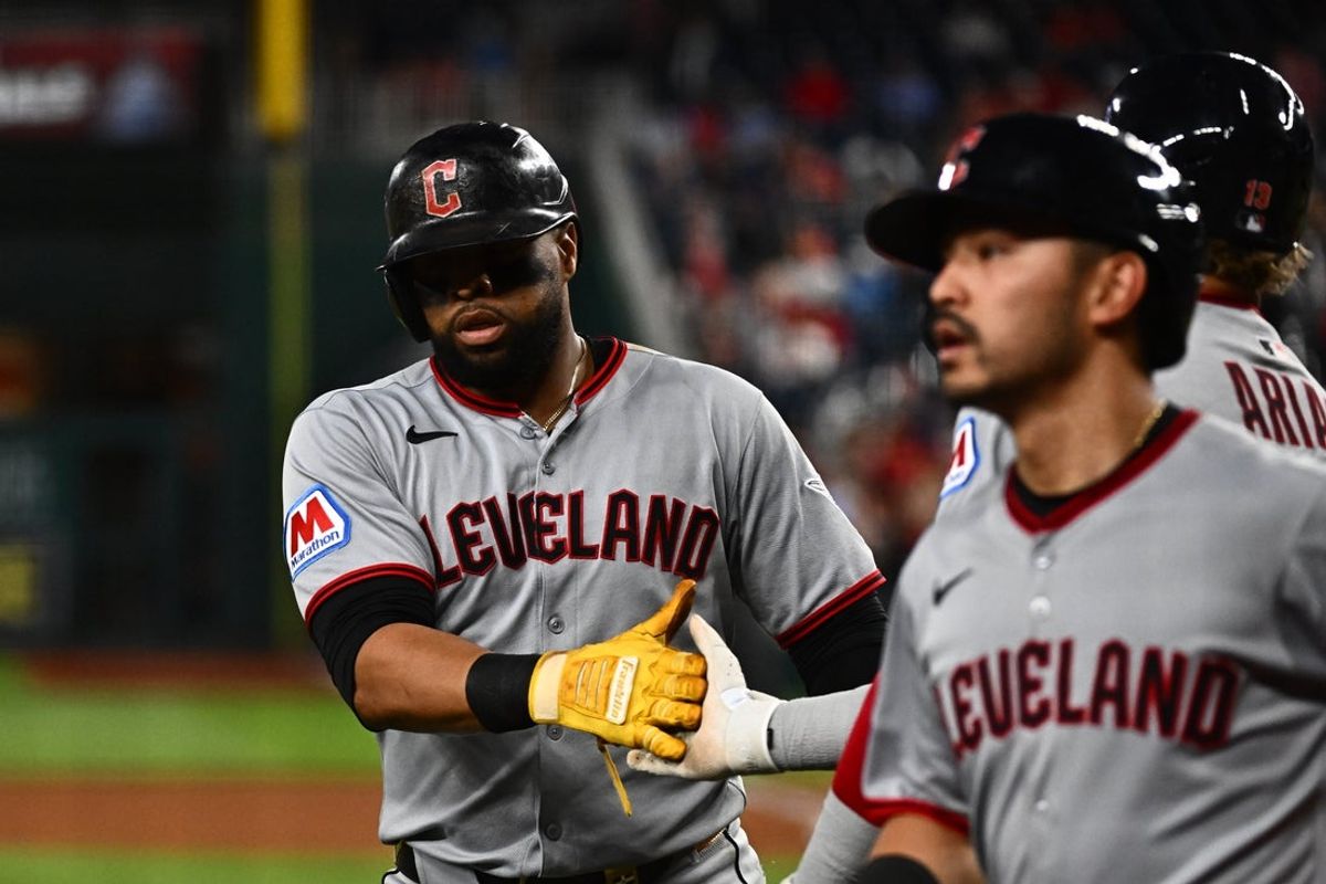 May 6, 2025; Washington, District of Columbia, USA;  Cleveland Guardians first baseman Carlos Santana (41) celebrates hitting a three-run home run during the sixth inning against the Washington Nationals at Nationals Park. Mandatory Credit: James A. Pittman-Imagn Images