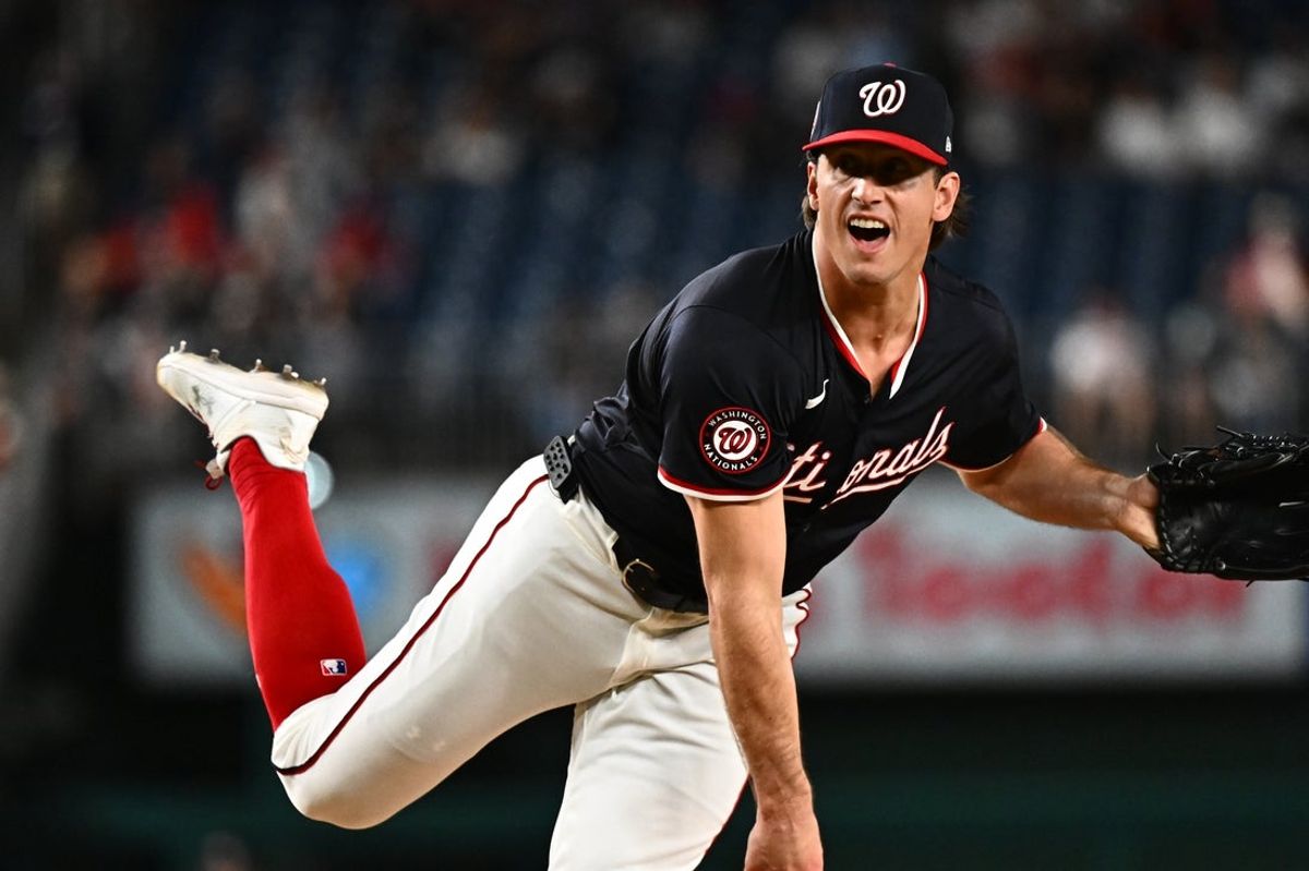 May 6, 2025; Washington, District of Columbia, USA;  Washington Nationals relief pitcher Lucas Sims (39) delivers a pitch during the seventh inning against the Cleveland Guardians at Nationals Park. Mandatory Credit: James A. Pittman-Imagn Images