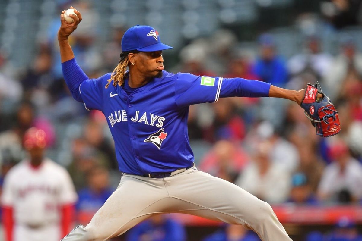 May 6, 2025; Anaheim, California, USA; Toronto Blue Jays Jose Urena pitcher (48) throws against the Los Angeles Angels during the first inning at Angel Stadium. Mandatory Credit: Gary A. Vasquez-Imagn Images