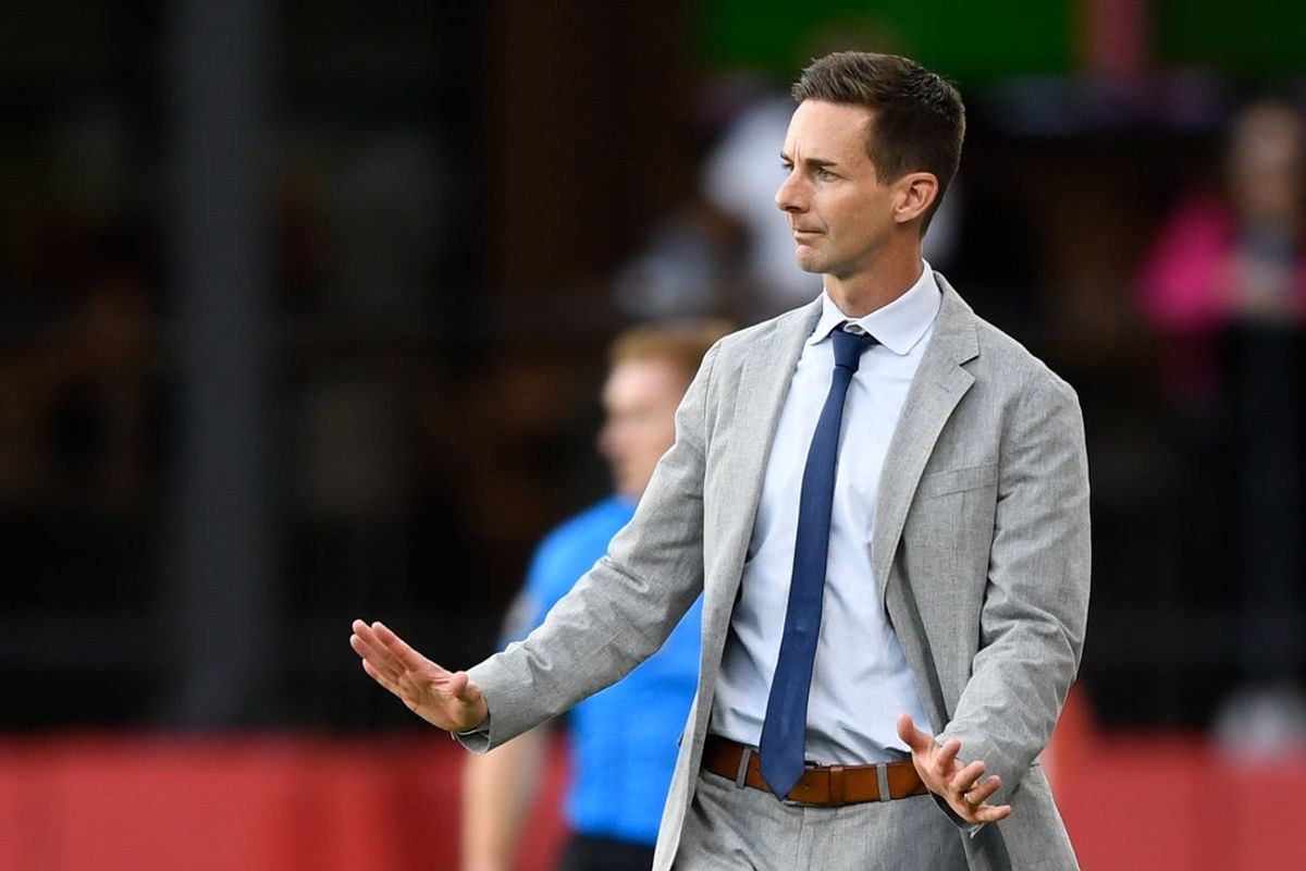 May 6, 2025; Washington, District of Columbia, USA; D.C. United head coach Troy Lesesne watches during the first half of the game against the Charleston Battery at Audi Field. Mandatory Credit: Hannah Foslien-Imagn Images