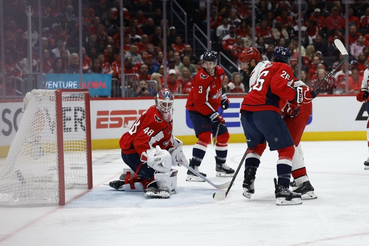 May 6, 2025; Washington, District of Columbia, USA; Washington Capitals goaltender Logan Thompson (48) is beaten by a shot by Carolina Hurricanes defenseman Jaccob Slavin (not pictured) in overtime in game one of the second round of the 2025 Stanley Cup Playoffs at Capital One Arena. Mandatory Credit: Geoff Burke-Imagn Images