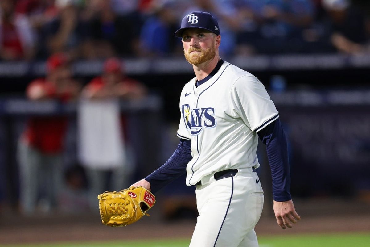 May 6, 2025; Tampa, Florida, USA; Tampa Bay Rays starting pitcher Drew Rasmussen (57) leaves the game against the Philadelphia Phillies in the fifth inning at George M. Steinbrenner Field. Mandatory Credit: Nathan Ray Seebeck-Imagn Images