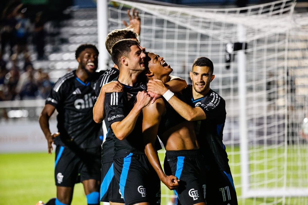 May 6, 2025; Cary, North Carolina, USA;  Charlotte FC forward Kerwin Vargas (18) celebrates a goal with his teammates during the second half of the game against the North Carolina Football Club at First Horizon Stadium. Mandatory Credit: Jaylynn Nash-Imagn Images