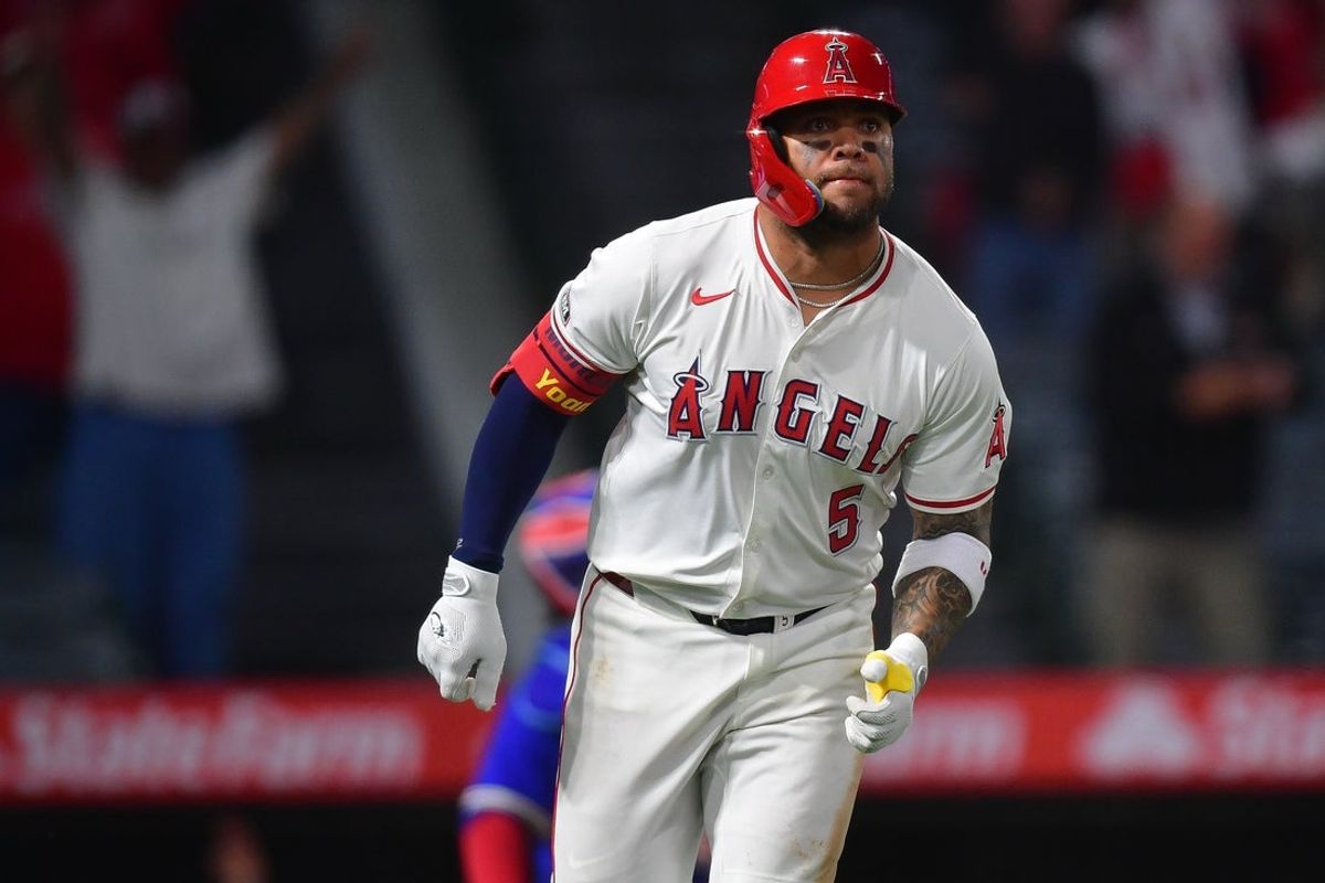 May 6, 2025; Anaheim, California, USA; Los Angeles Angels third baseman Yoan Moncada (5) runs after hitting a three run home run against the Toronto Blue Jays during the eighth inning at Angel Stadium. Mandatory Credit: Gary A. Vasquez-Imagn Images