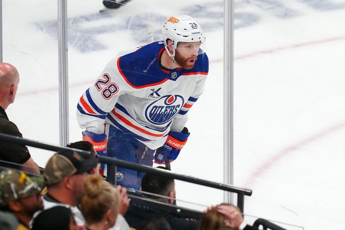 May 6, 2025; Las Vegas, Nevada, USA; Edmonton Oilers right wing Connor Brown (28) celebrates after scoring a goal against Vegas Golden Knights goaltender Adin Hill (33) during the third period of  game one of the second round of the 2025 Stanley Cup Playoffs at T-Mobile Arena. Mandatory Credit: Stephen R. Sylvanie-Imagn Images