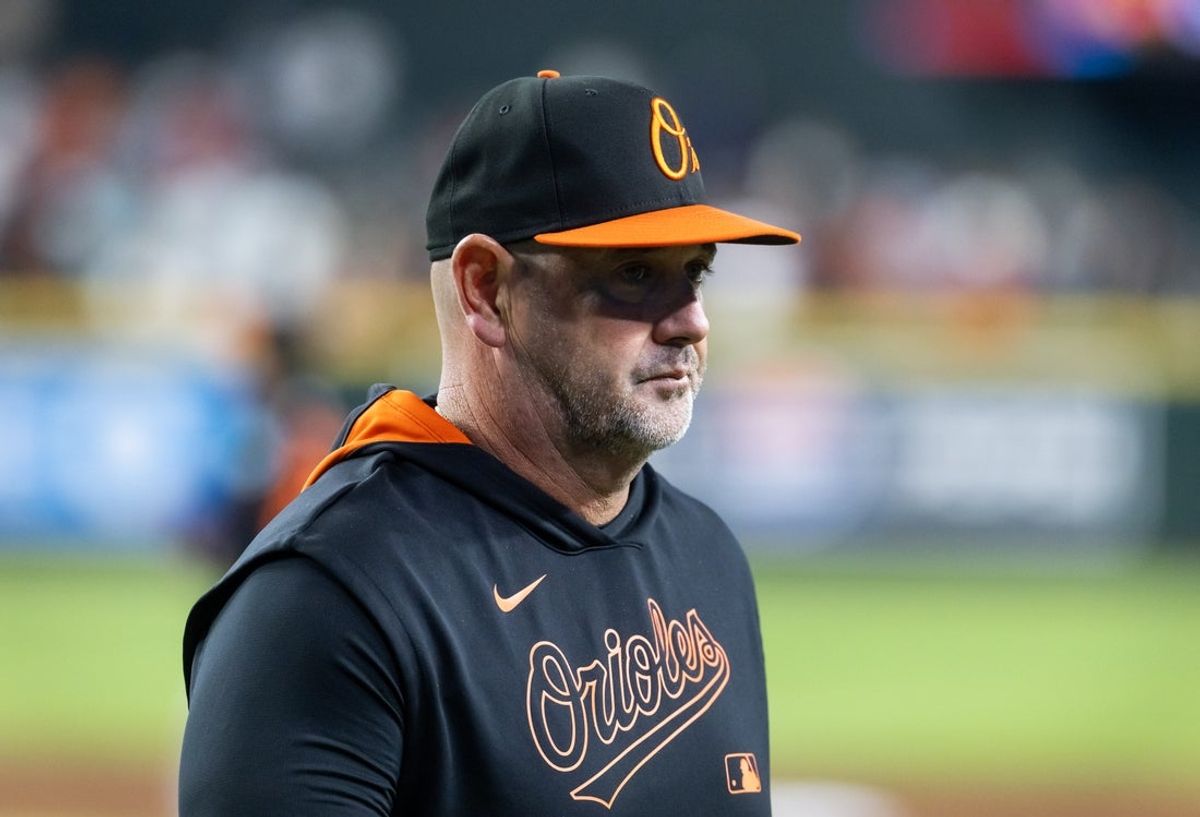 Apr 7, 2025; Phoenix, Arizona, USA; Baltimore Orioles manager Brandon Hyde against the Arizona Diamondbacks at Chase Field. Mandatory Credit: Mark J. Rebilas-Imagn Images