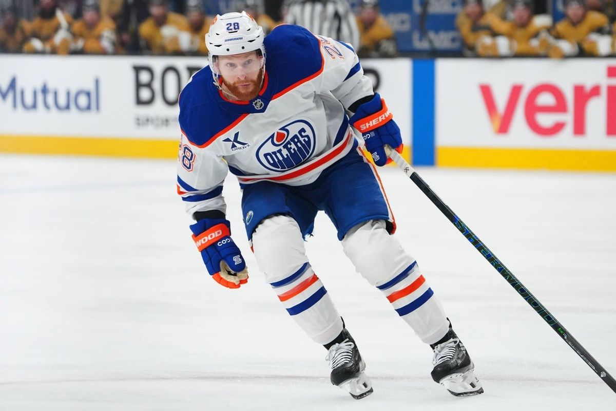 May 6, 2025; Las Vegas, Nevada, USA; Edmonton Oilers right wing Connor Brown (28) skates against the Vegas Golden Knights during the first period of game one of the second round of the 2025 Stanley Cup Playoffs at T-Mobile Arena. Mandatory Credit: Stephen R. Sylvanie-Imagn Images