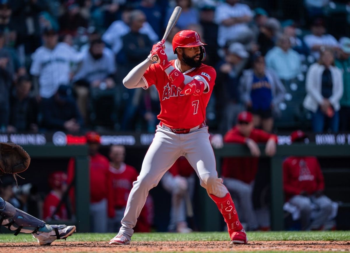 Apr 30, 2025; Seattle, Washington, USA;  Los Angeles Angels right fielder right fielder Jo Adell (7) waits for a pitch during an at-bat against the Seattle Mariners at T-Mobile Park. Mandatory Credit: Stephen Brashear-Imagn Images