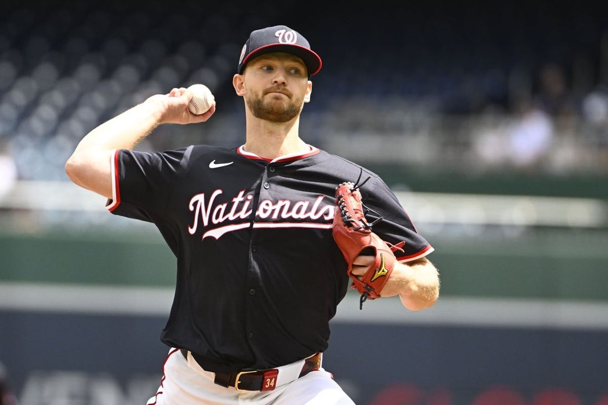 May 7, 2025; Washington, District of Columbia, USA; Washington Nationals starting pitcher Michael Soroka (34) throws to the Cleveland Guardians during the first inning at Nationals Park. Mandatory Credit: Brad Mills-Imagn Images