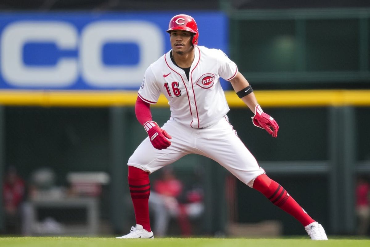 May 4, 2025; Cincinnati, Ohio, USA;  Cincinnati Reds third baseman Noelvi Marte (16) takes his lead from first base against the Washington Nationals at Great American Ball Park. Mandatory Credit: Aaron Doster-Imagn Images