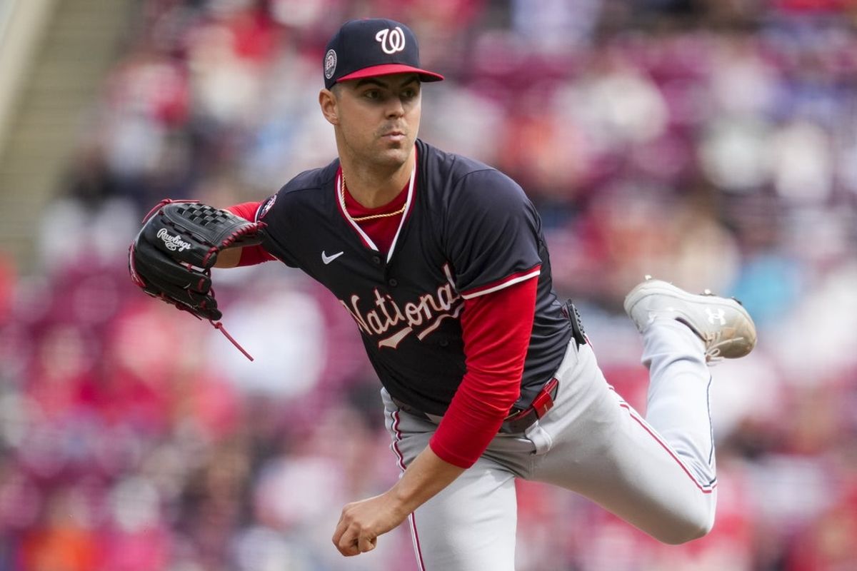 May 4, 2025; Cincinnati, Ohio, USA;  Washington Nationals pitcher MacKenzie Gore (1) throws against the Cincinnati Reds at Great American Ball Park. Mandatory Credit: Aaron Doster-Imagn Images