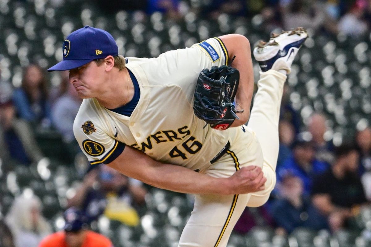 May 7, 2025; Milwaukee, Wisconsin, USA; Milwaukee Brewers starting pitcher Quinn Priester (46) throws a pitch in the first inning against the Houston Astros at American Family Field. Mandatory Credit: Benny Sieu-Imagn Images
