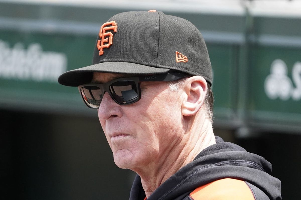 May 7, 2025; Chicago, Illinois, USA; San Francisco Giants manager Bob Melvin (6) in the dugout in a game against the Chicago Cubs at Wrigley Field. Mandatory Credit: David Banks-Imagn Images