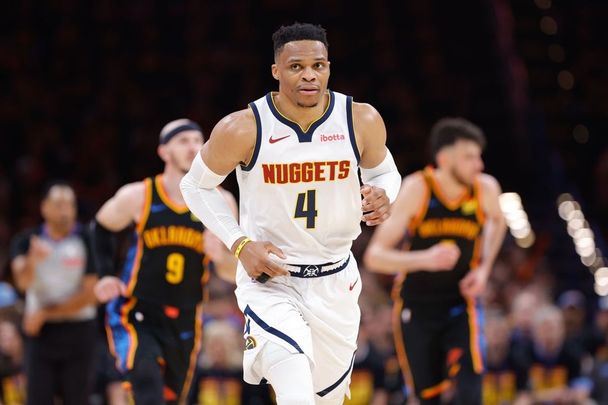 May 5, 2025; Oklahoma City, Oklahoma, USA; Denver Nuggets guard Russell Westbrook (4) runs down the court after a play against the Oklahoma City Thunder during the second half during game one of the second round for the 2025 NBA Playoffs at Paycom Center. Mandatory Credit: Alonzo Adams-Imagn Images