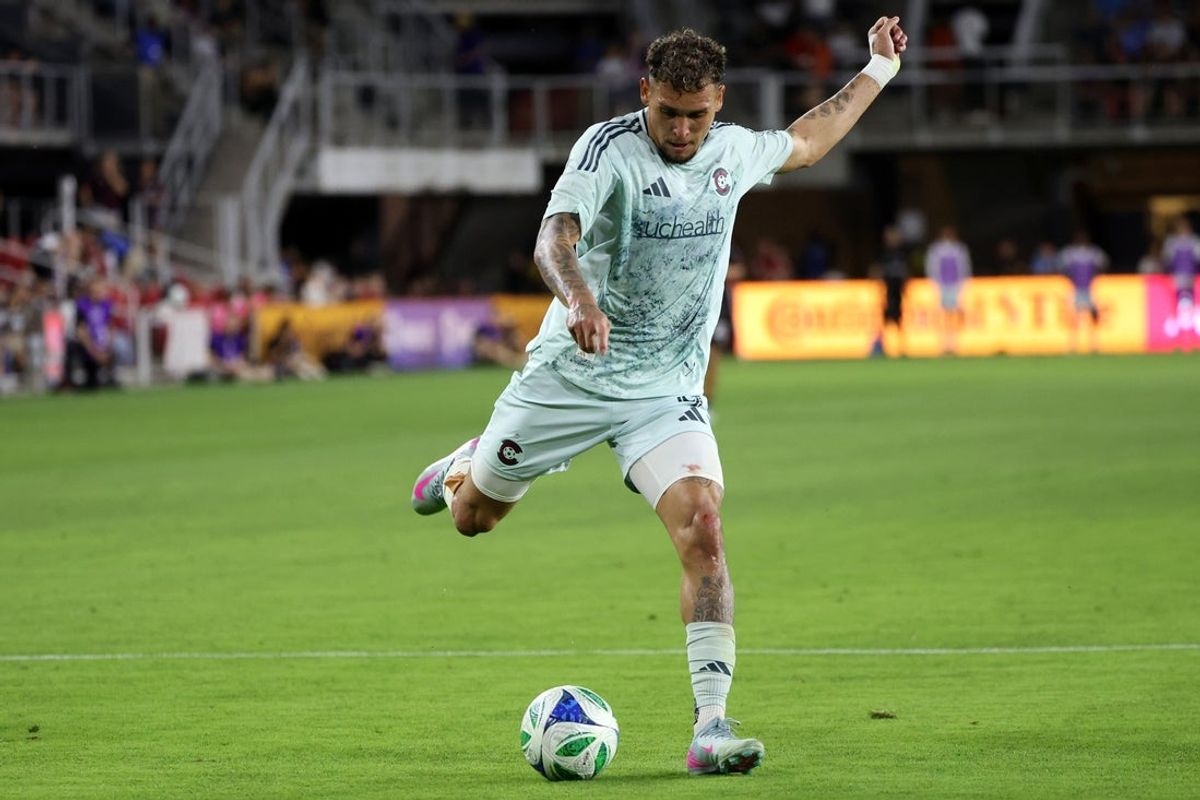 May 3, 2025; Washington, District of Columbia, USA; Colorado Rapids forward Rafael Navarro (9) kicks the ball during the first half against the D.C. United at Audi Field. Mandatory Credit: Daniel Kucin Jr.-Imagn Images