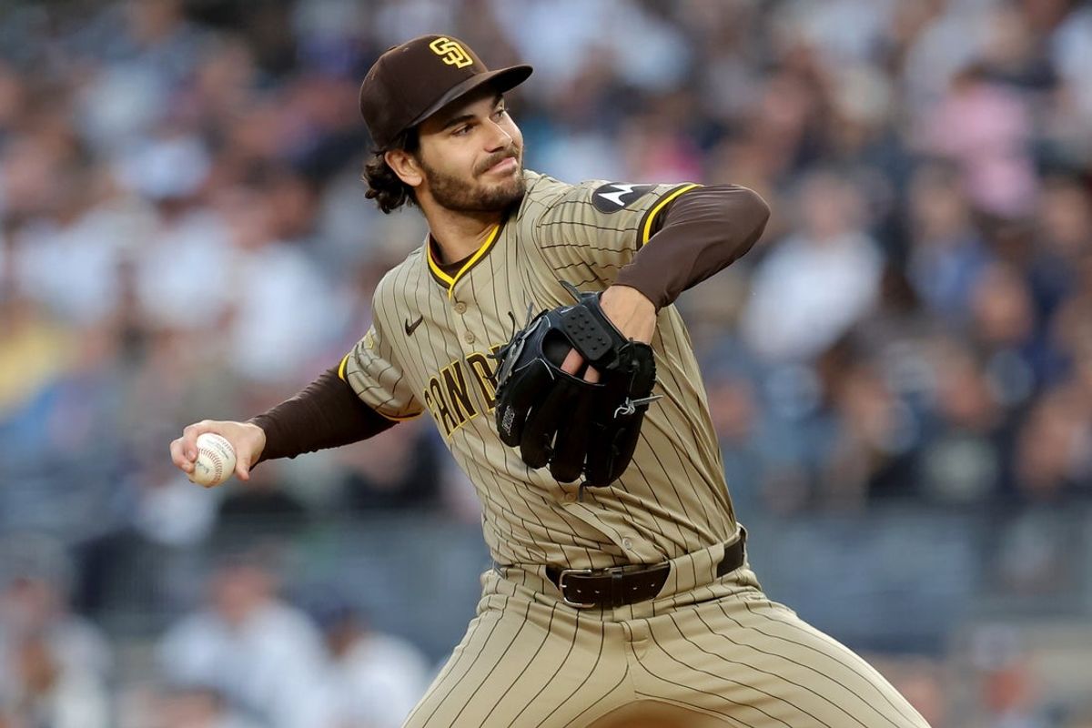 May 7, 2025; Bronx, New York, USA; San Diego Padres starting pitcher Dylan Cease (84) pitches against the New York Yankees during the first inning at Yankee Stadium. Mandatory Credit: Brad Penner-Imagn Images