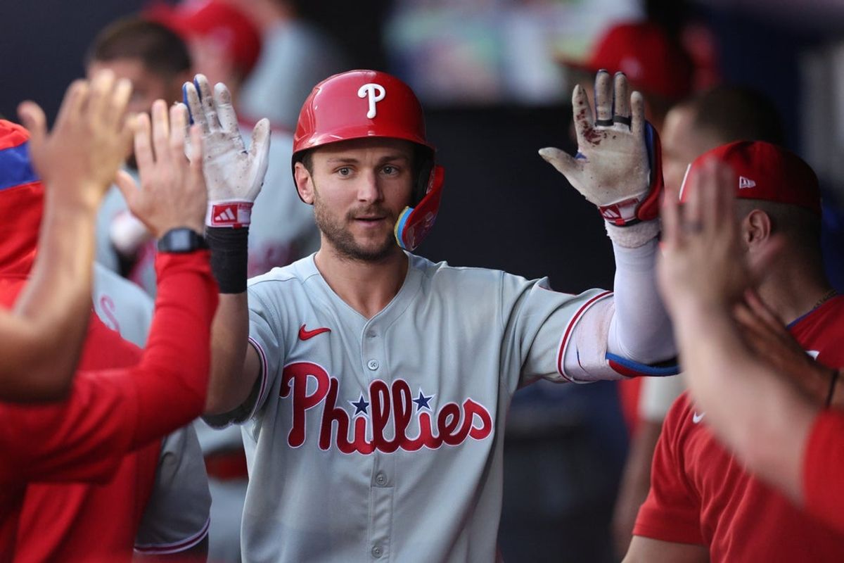 May 7, 2025; Tampa, Florida, USA; Philadelphia Phillies shortstop Trea Turner (7) celebrates after hitting a home run against the Tampa Bay Rays in the third inning at George M. Steinbrenner Field. Mandatory Credit: Nathan Ray Seebeck-Imagn Images